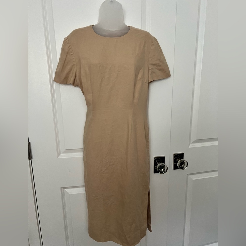 Maggy London 100%linen Tan Mini Dress with short sleeves